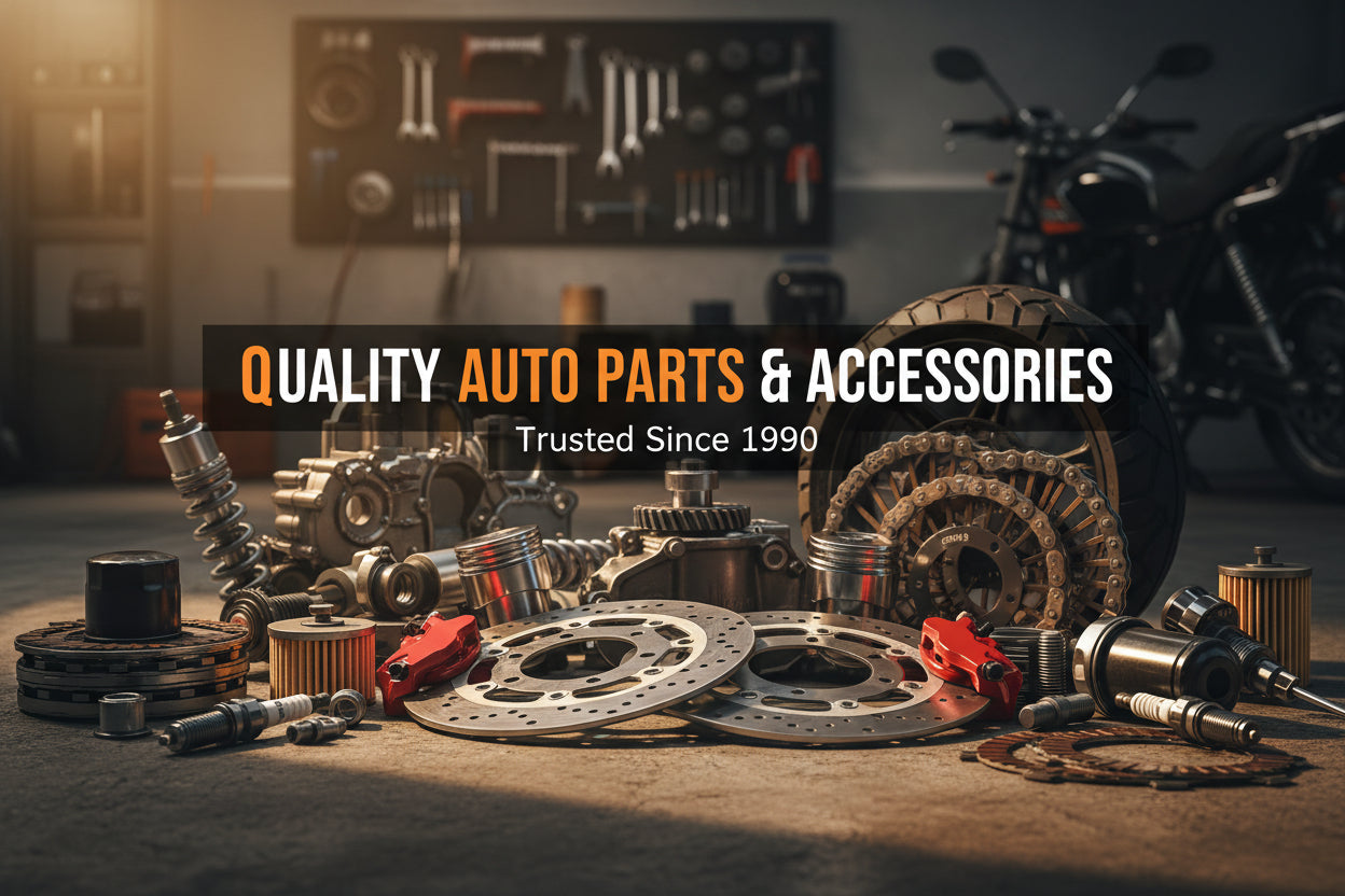Auto parts and accessories with text 'Quality Auto Parts & Accessories, Trusted Since 1990' in a workshop setting.