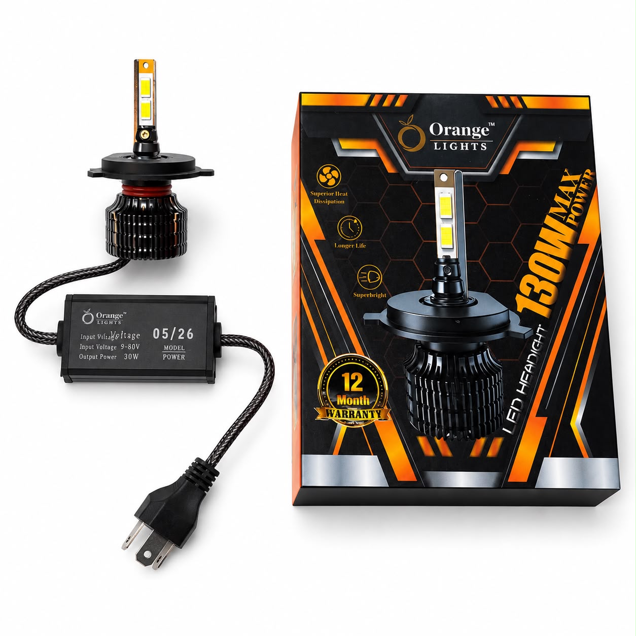 Orange Lights 130W Max Power H4 LED Headlight Bulb